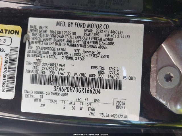 Ford FUSION SE 2016 3FA6P0H70GR166204 Image 9
