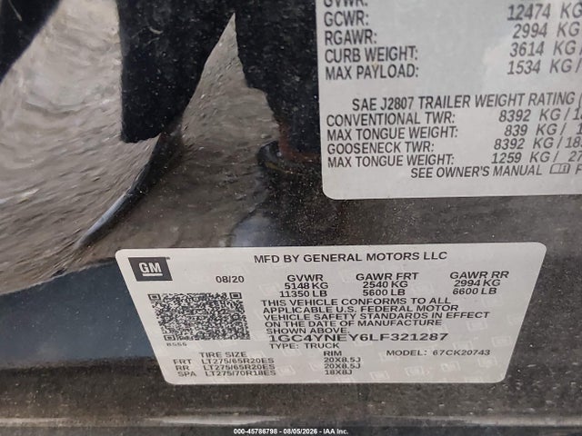 45786798 :رقم المزاد ، 1GC4YNEY6LF321287 vin ، 2020 Chevrolet Silverado 2500hd 4wd  Standard Bed Lt مزاد بيع