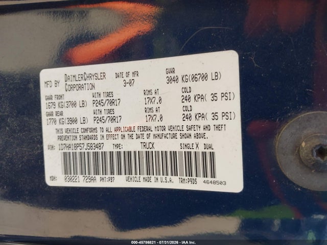 2007 Dodge Ram 1500 St მანქანა იყიდება აუქციონზე, vin: 1D7HA18P57J583487, აუქციონის ნომერი: 45786821