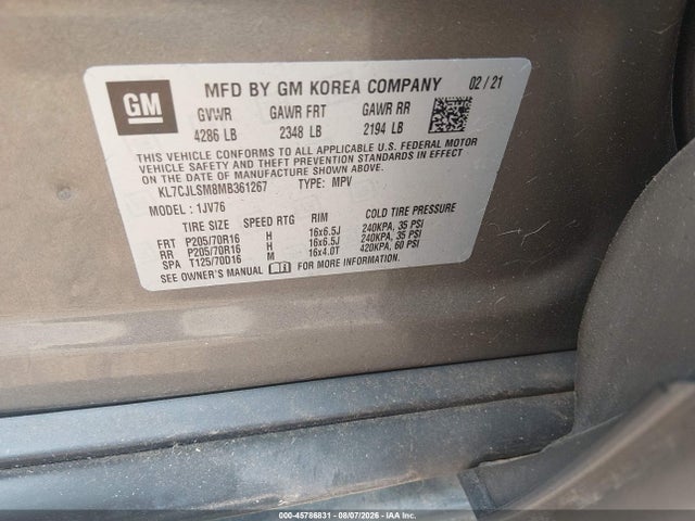 45786831 :رقم المزاد ، KL7CJLSM8MB361267 vin ، 2021 Chevrolet Trax Fwd Lt مزاد بيع