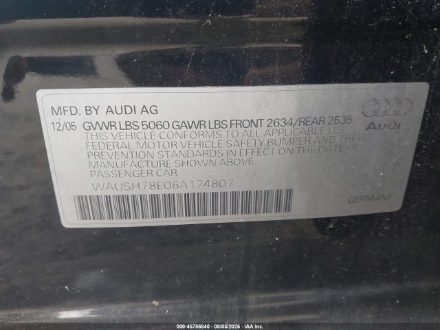Продажа на аукционе авто 2006 Audi A4 3.2 Avant, vin: WAUSH78E06A174807, номер лота: 45786840