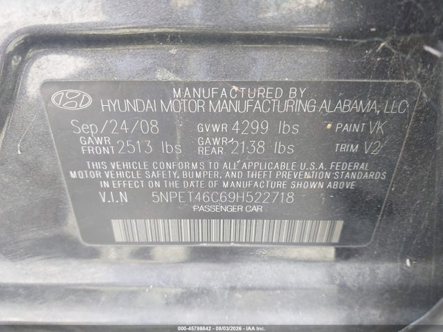 Aukcja sprzedaży 2009 Hyundai Sonata Gls, vin: 5NPET46C69H522718, numer aukcji: 45786842