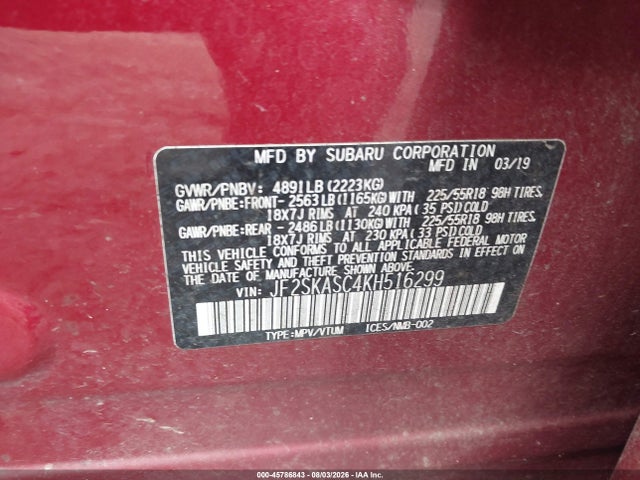 Продаж на аукціоні авто 2019 Subaru Forester Limited, vin: JF2SKASC4KH516299, номер лоту: 45786843