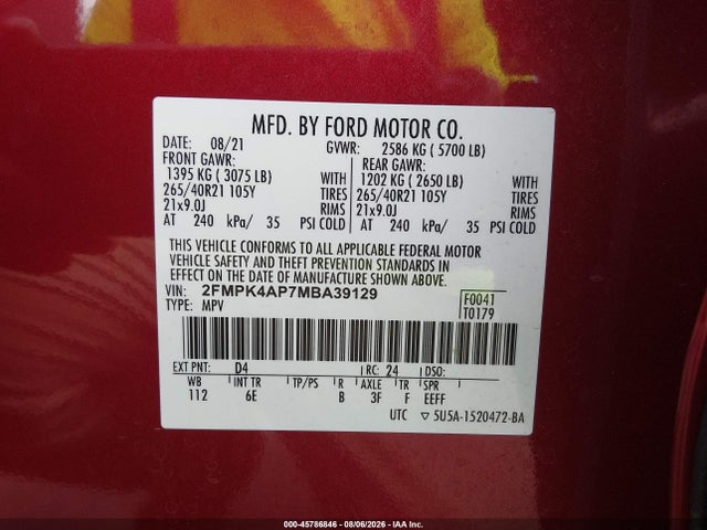 2021 Ford Edge St მანქანა იყიდება აუქციონზე, vin: 2FMPK4AP7MBA39129, აუქციონის ნომერი: 45786846