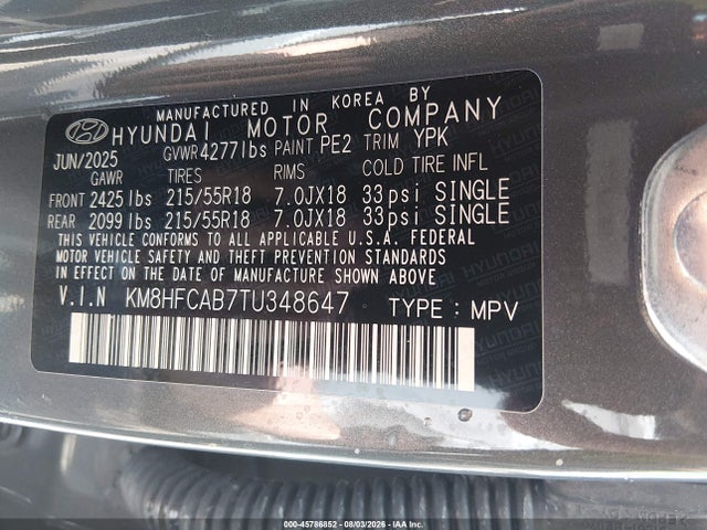 Aukcja sprzedaży 2026 Hyundai Kona Sel Sport, vin: KM8HFCAB7TU348647, numer aukcji: 45786852