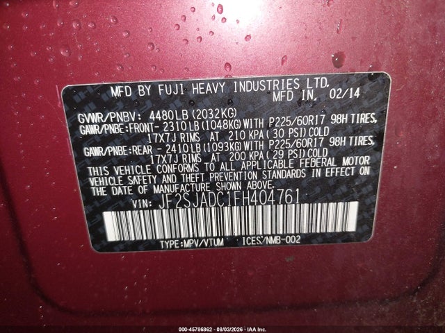 2015 Subaru Forester 2.5i Premium მანქანა იყიდება აუქციონზე, vin: JF2SJADC1FH404761, აუქციონის ნომერი: 45786862