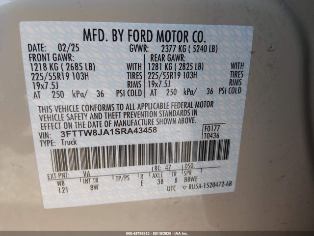 Продаж на аукціоні авто 2025 Ford Maverick Xlt, vin: 3FTTW8JA1SRA43458, номер лоту: 45786863
