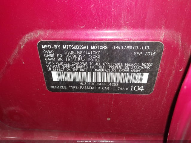 2017 Mitsubishi Mirage G4 Es მანქანა იყიდება აუქციონზე, vin: ML32F3FJ6HHF14253, აუქციონის ნომერი: 45786864