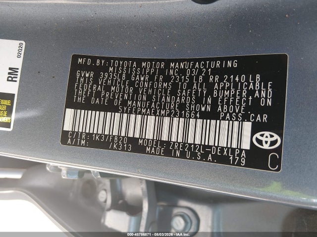 2021 Toyota Corolla Le მანქანა იყიდება აუქციონზე, vin: 5YFEPMAEXMP231664, აუქციონის ნომერი: 45786871