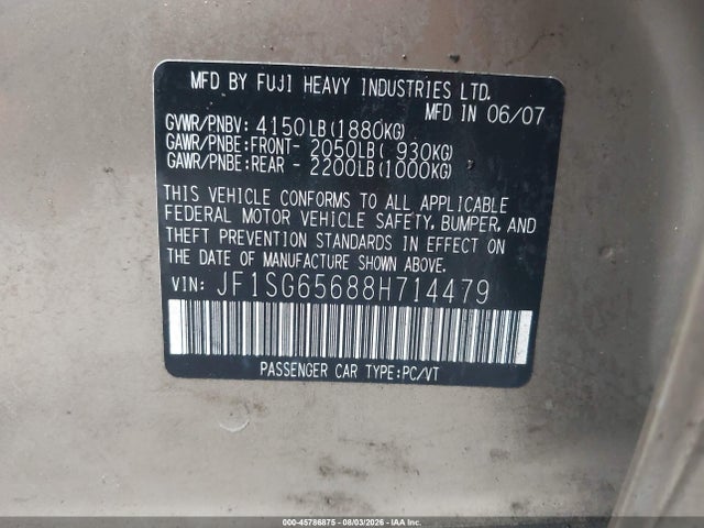 Aukcja sprzedaży 2008 Subaru Forester 2.5x, vin: JF1SG65688H714479, numer aukcji: 45786875