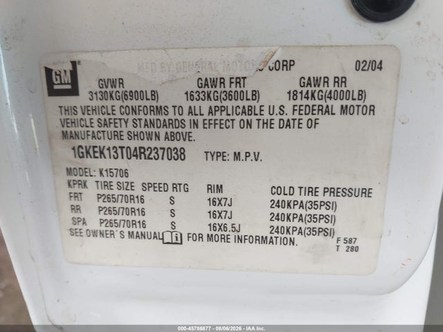 45786877 :رقم المزاد ، 1GKEK13T04R237038 vin ، 2004 Gmc Yukon Sle مزاد بيع
