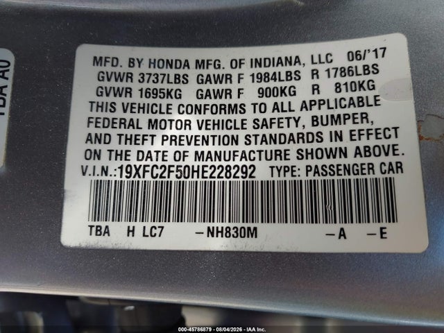 Honda Civic Lx 2017 19XFC2F50HE228292 Image 9
