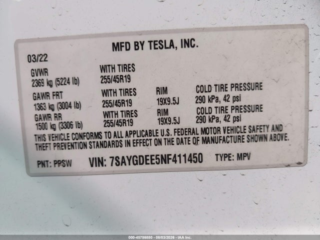 45786880 :رقم المزاد ، 7SAYGDEE5NF411450 vin ، 2022 Tesla Model Y Long Range Dual Motor All-wheel Drive مزاد بيع
