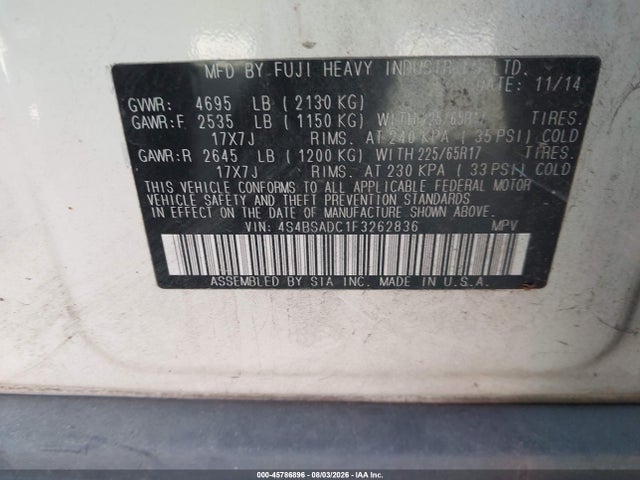 Subaru Outback 2.5i Premium 2015 4S4BSADC1F3262836 Image 9