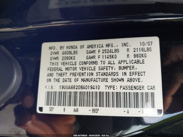 45786920 :رقم المزاد ، 19UUA66208A019410 vin ، 2008 Acura Tl 3.2 مزاد بيع
