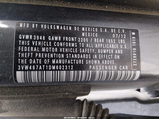 2013 Volkswagen Beetle 2.0t Turbo მანქანა იყიდება აუქციონზე, vin: 3VW467AT1DM602312, აუქციონის ნომერი: 45786931