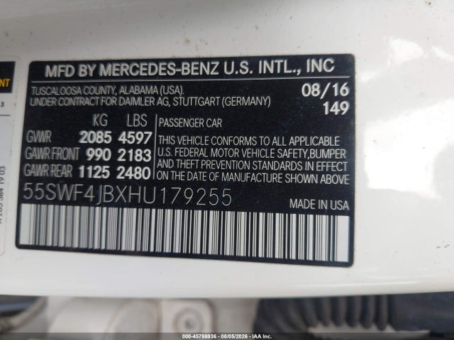 Продаж на аукціоні авто 2017 Mercedes-benz C 300, vin: 55SWF4JBXHU179255, номер лоту: 45786936