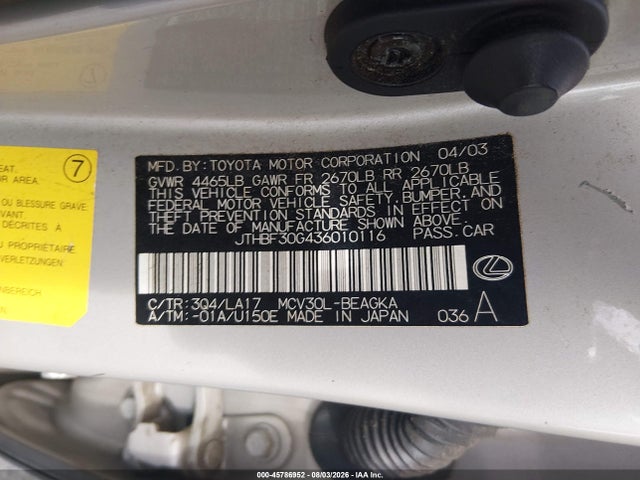 Продажа на аукционе авто 2003 Lexus Es 300, vin: JTHBF30G436010116, номер лота: 45786952