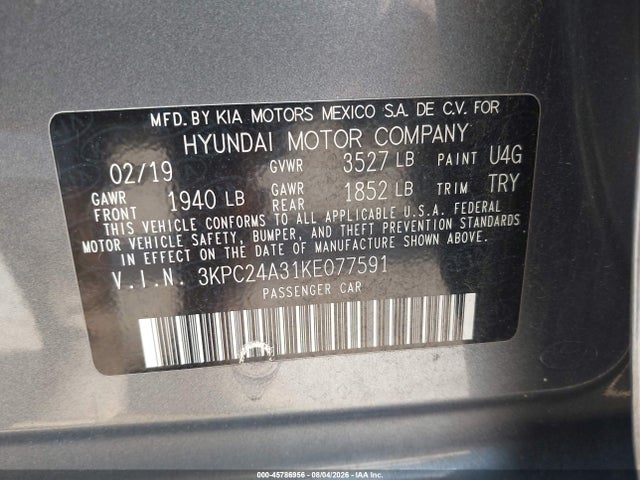 Продажа на аукционе авто 2019 Hyundai Accent Se, vin: 3KPC24A31KE077591, номер лота: 45786956