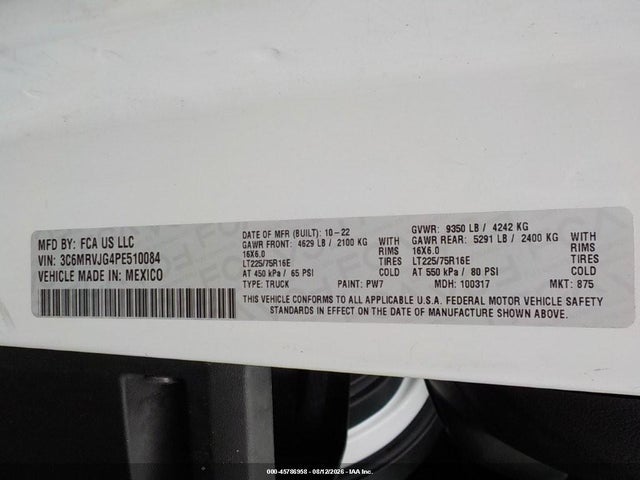 Продаж на аукціоні авто 2023 Ram Promaster 3500 Cargo Van High Roof 159 Wb Ext, vin: 3C6MRVJG4PE510084, номер лоту: 45786958