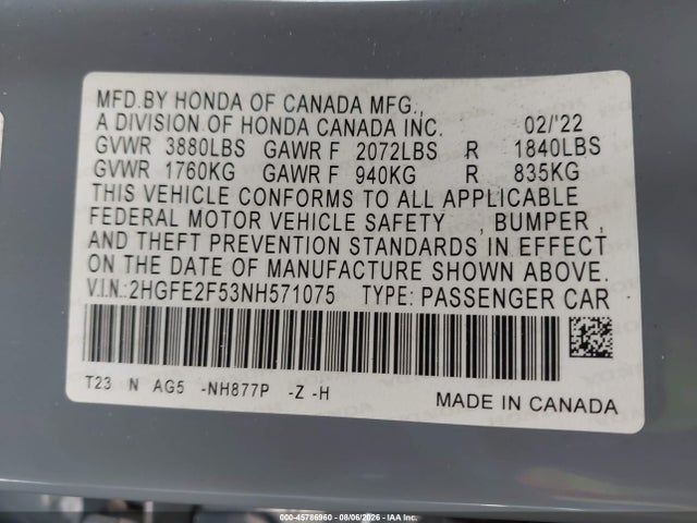 2HGFE2F53NH571075 Honda Civic Sport