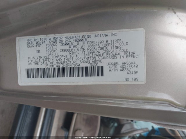 Продаж на аукціоні авто 2004 Toyota Tundra Sr5 V8, vin: 5TBBT44134S447850, номер лоту: 45786961