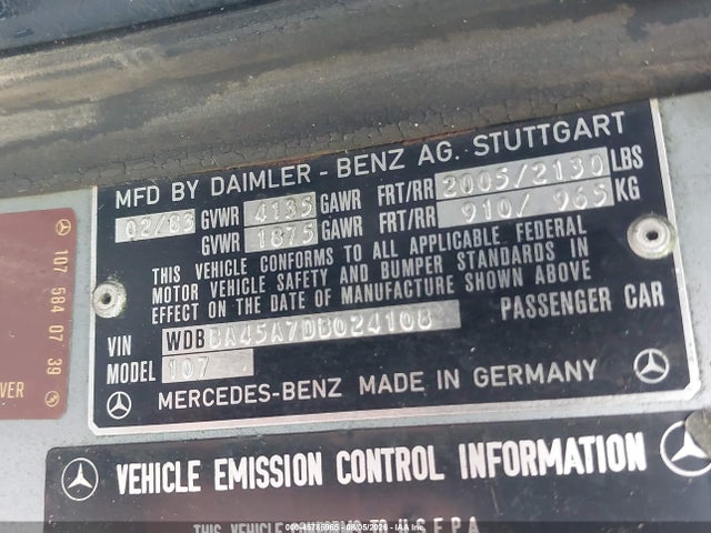 1983 Mercedes-benz 380 Sl მანქანა იყიდება აუქციონზე, vin: WDBBA45A7DB024108, აუქციონის ნომერი: 45786965