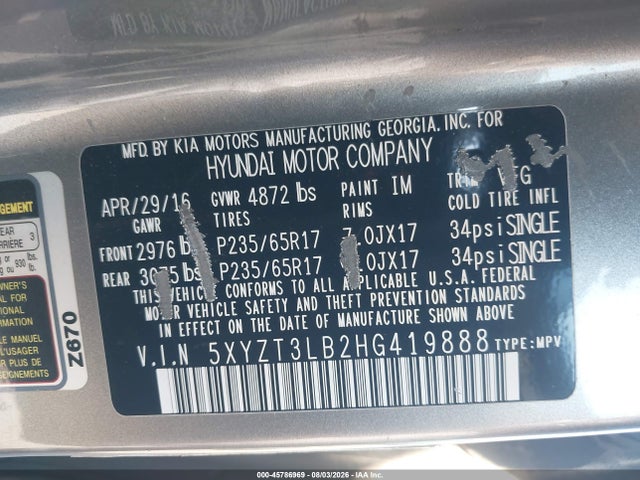 5XYZT3LB2HG419888 Hyundai Santa Fe Sport 2.4l