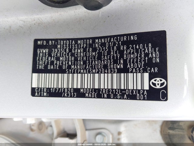 Продажа на аукционе авто 2021 Toyota Corolla Le, vin: 5YFEPMAE5MP204839, номер лота: 45786995