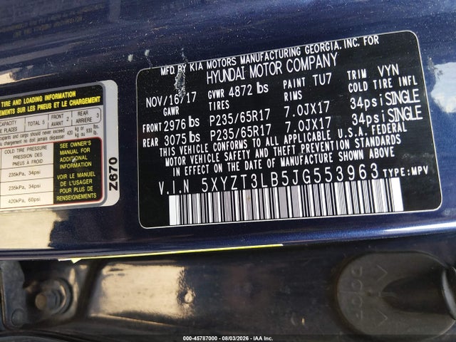 2018 Hyundai Santa Fe Sport 2.4l მანქანა იყიდება აუქციონზე, vin: 5XYZT3LB5JG553963, აუქციონის ნომერი: 45787000