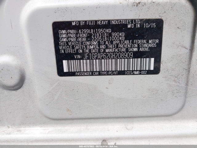 Aukcja sprzedaży 2016 Subaru Impreza 2.0i Sport Premium, vin: JF1GPAP62GH208909, numer aukcji: 45787002