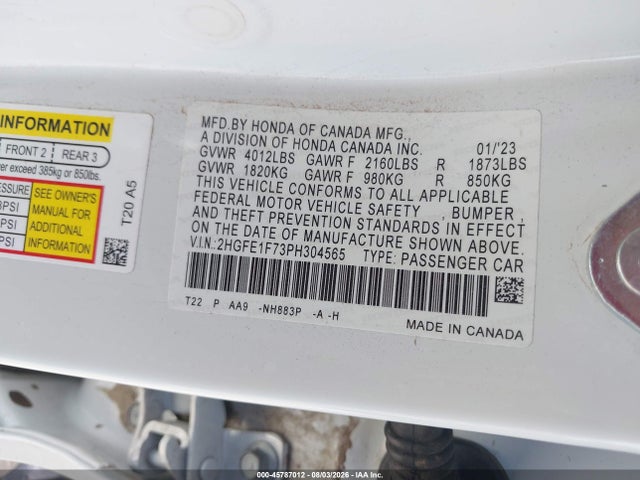 Honda Civic Ex/ex W/o Bsi 2023 2HGFE1F73PH304565 Image 9