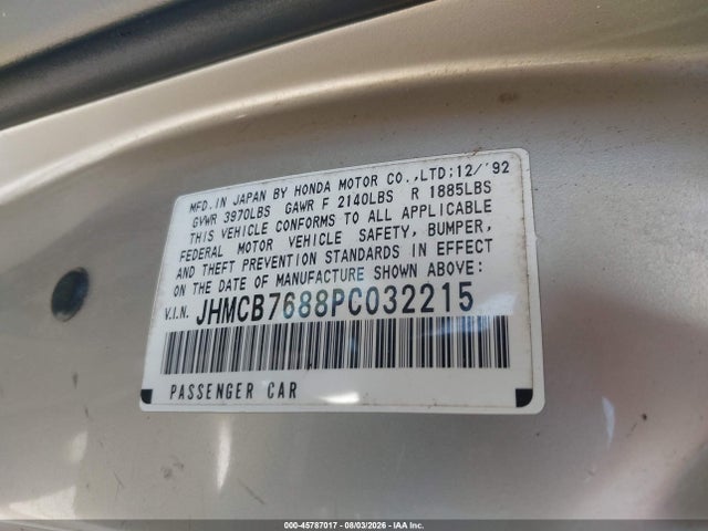 1993 Honda Accord Se მანქანა იყიდება აუქციონზე, vin: JHMCB7688PC032215, აუქციონის ნომერი: 45787017