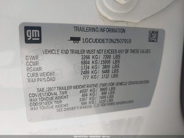 Продаж на аукціоні авто 2022 Chevrolet Silverado 1500 4wd  Standard Bed Lt, vin: 1GCUDDET0NZ507919, номер лоту: 45787024