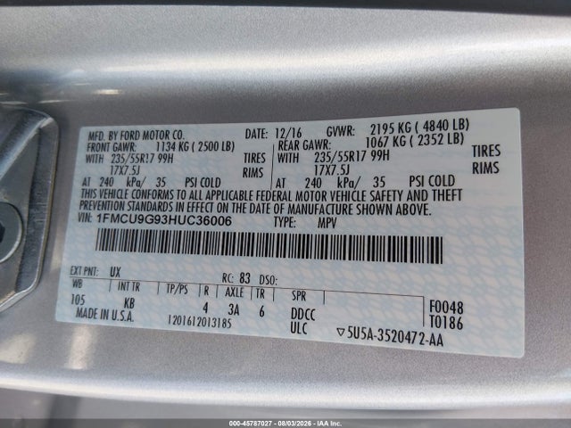 Ford ESCAPE SE 2017 1FMCU9G93HUC36006 Image 9