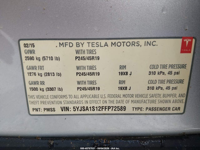 Продаж на аукціоні авто 2015 Tesla Model S 60/70/85, vin: 5YJSA1S12FFP72589, номер лоту: 45787031