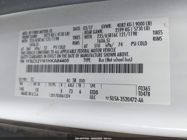 1FBZX2YM1HKA84405 Ford Transit-350 Xlt