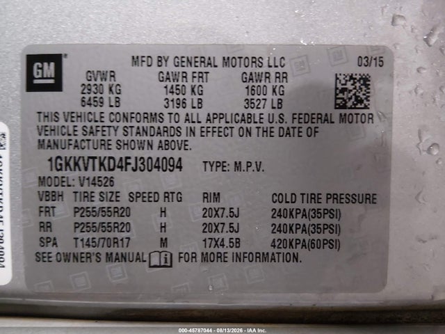 Продаж на аукціоні авто 2015 Gmc Acadia Denali, vin: 1GKKVTKD4FJ304094, номер лоту: 45787044