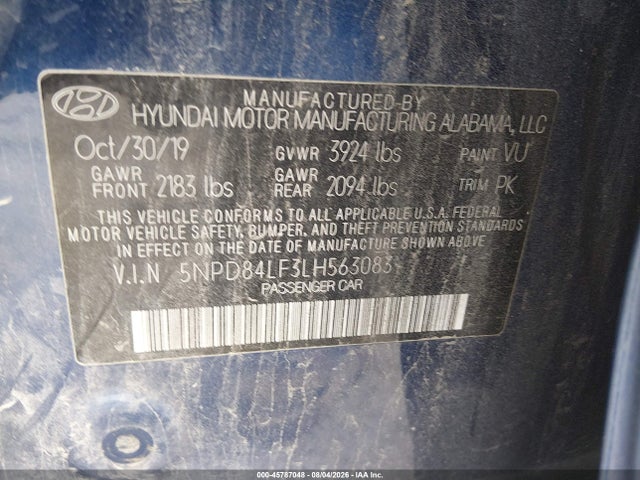 2020 Hyundai Elantra Sel მანქანა იყიდება აუქციონზე, vin: 5NPD84LF3LH563083, აუქციონის ნომერი: 45787048