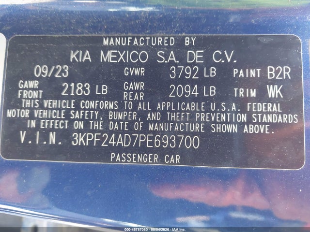 45787060 :رقم المزاد ، 3KPF24AD7PE693700 vin ، 2023 Kia Forte Lxs مزاد بيع