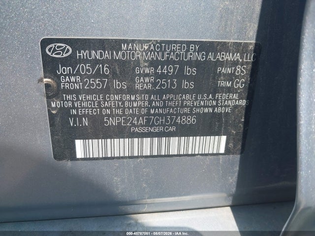2016 Hyundai Sonata Se მანქანა იყიდება აუქციონზე, vin: 5NPE24AF7GH374886, აუქციონის ნომერი: 45787081