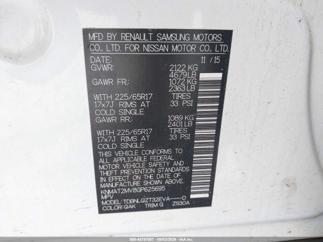 2016 Nissan Rogue Sv მანქანა იყიდება აუქციონზე, vin: KNMAT2MV8GP625695, აუქციონის ნომერი: 45787087