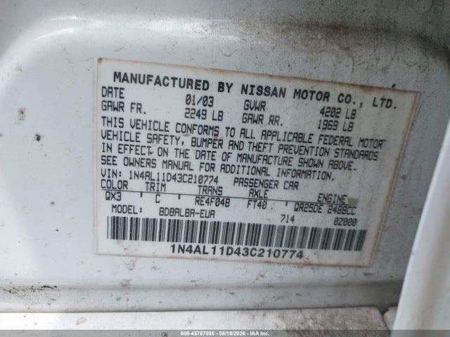 Продаж на аукціоні авто 2003 Nissan Altima 2.5 Sl, vin: 1N4AL11D43C210774, номер лоту: 45787095