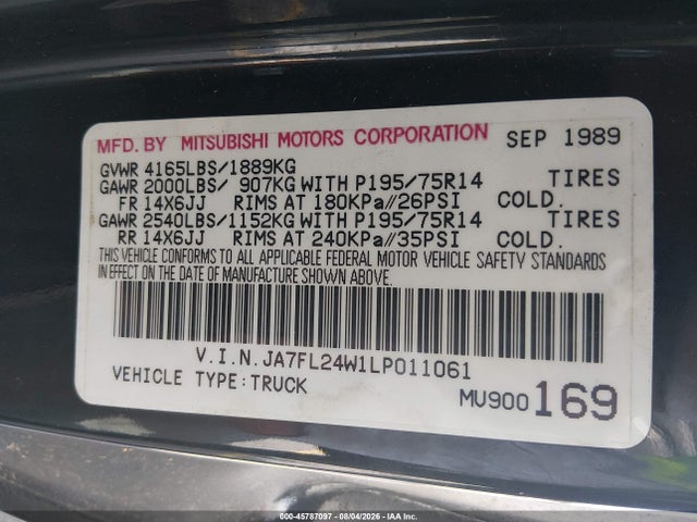 Aukcja sprzedaży 1990 Mitsubishi Mighty Max / S, vin: JA7FL24W1LP011061, numer aukcji: 45787097