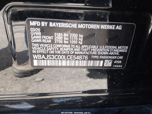 Aukcja sprzedaży 2020 Bmw 540i Xdrive, vin: WBAJS3C00LCE54876, numer aukcji: 45787099