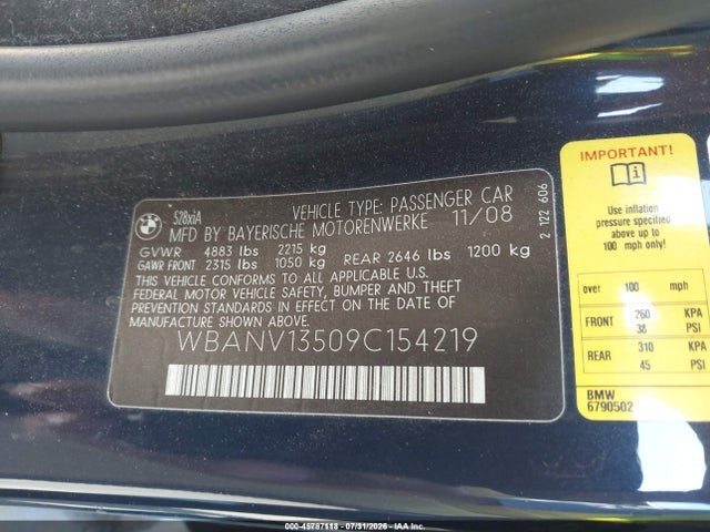 Aukcja sprzedaży 2009 Bmw 528i Xdrive, vin: WBANV13509C154219, numer aukcji: 45787118