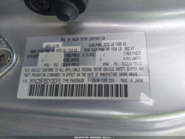 Продаж на аукціоні авто 2006 Mazda Mx-5 Touring, vin: JM1NC25F660108315, номер лоту: 45787123