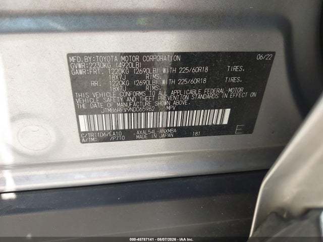 45787141 :رقم المزاد ، JTMB6RFV9ND065962 vin ، 2022 Toyota Rav4 Hybrid Xle Premium مزاد بيع