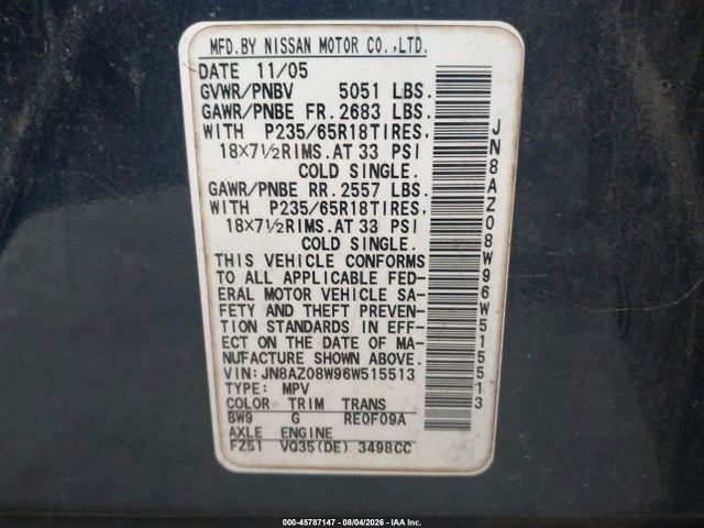 Продажа на аукционе авто 2006 Nissan Murano Sl, vin: JN8AZ08W96W515513, номер лота: 45787147