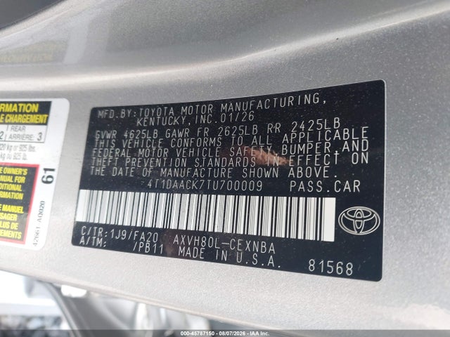 Aukcja sprzedaży 2026 Toyota Camry Le, vin: 4T1DAACK7TU700009, numer aukcji: 45787150